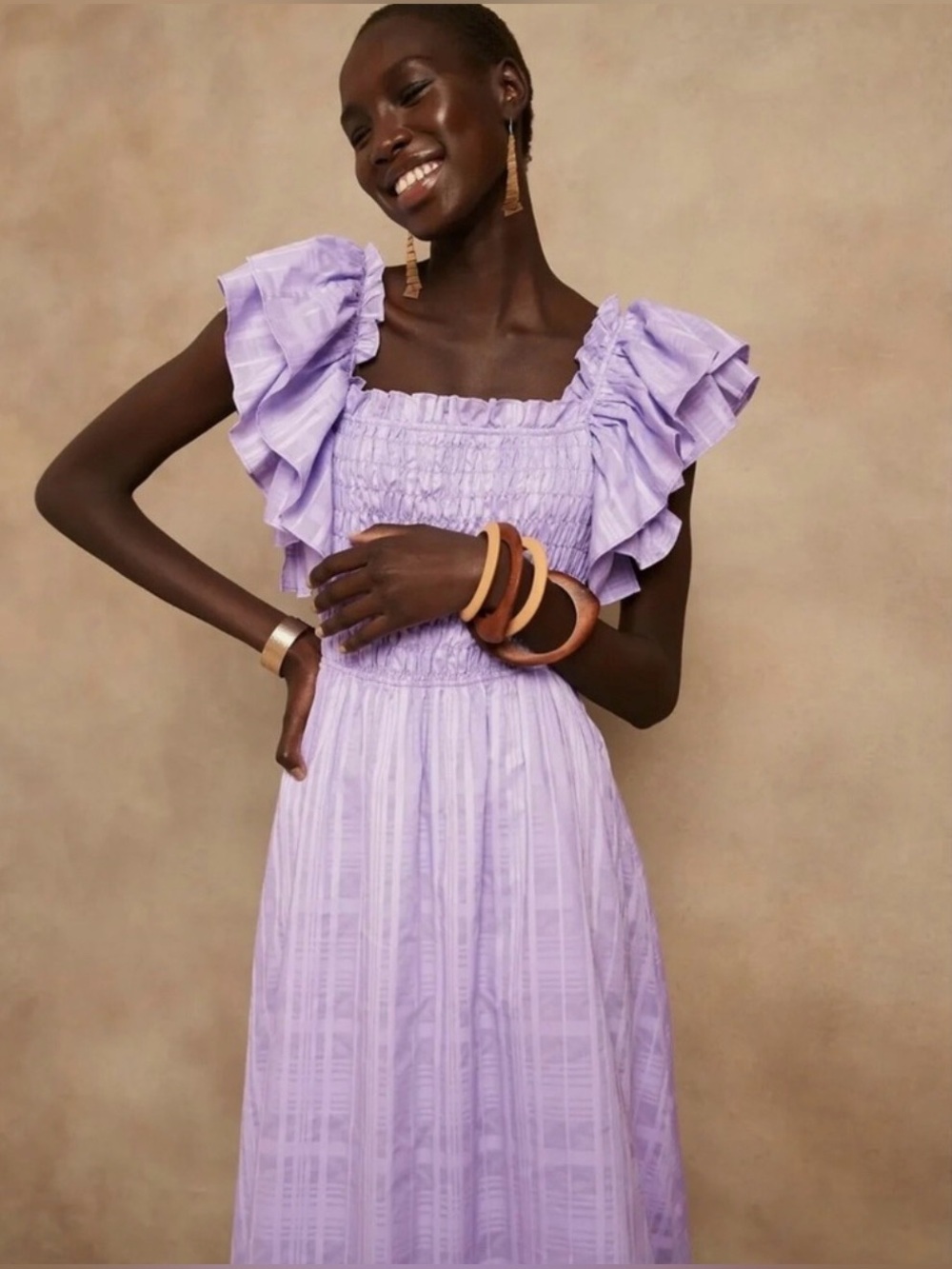 Banana Republic  Lilac Smocked ruffled -Sleeve Midi Dress